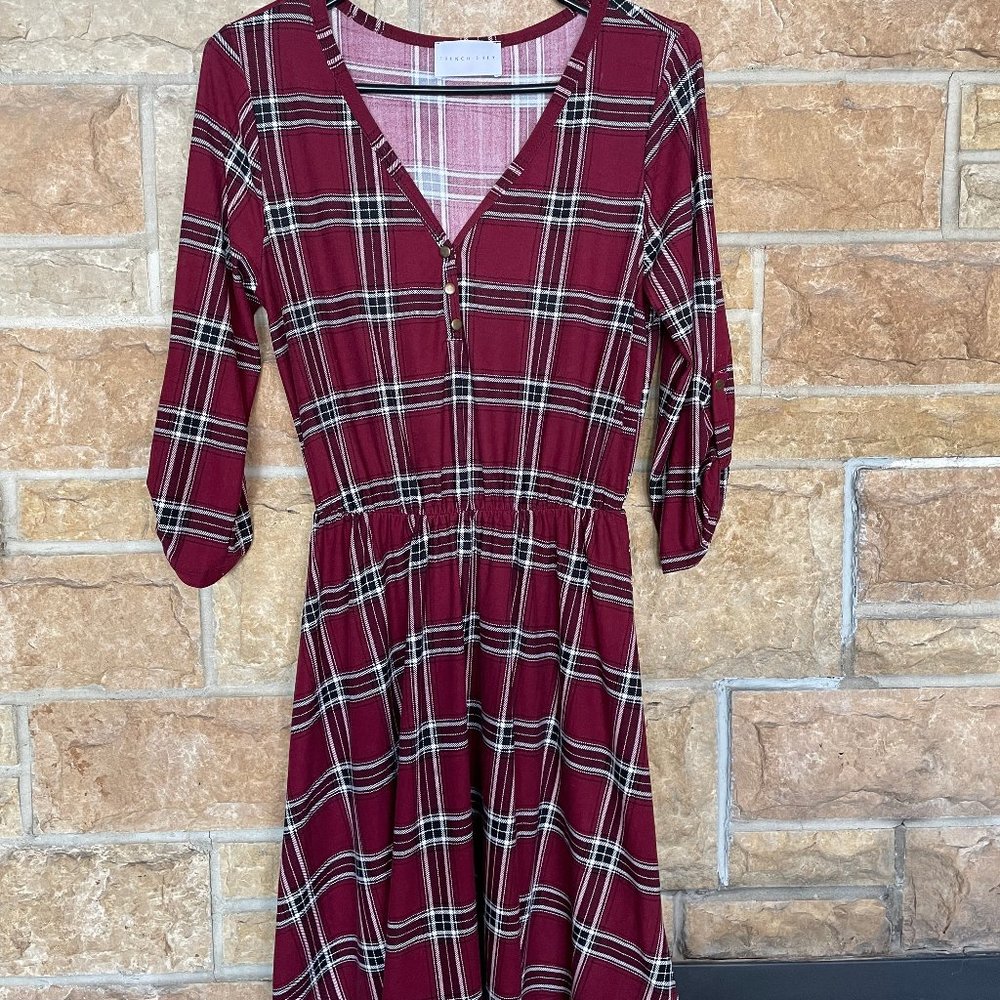 French Grey Burgundy Plaid Dress